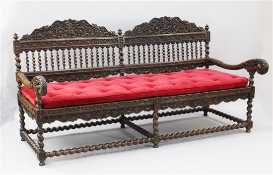 A late 19th century Indo-Portuguese hardwood settee, W.6ft 6in. D.2ft 3in. H.3ft 5in.